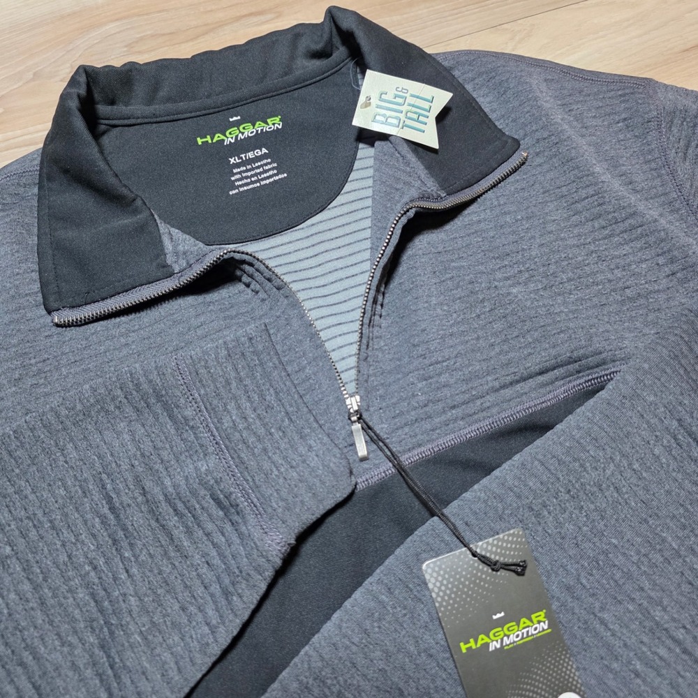 Haggar Pullover Mens XLT Grey Black Quarter Zip In Motion Big & Tall NWT Stretch